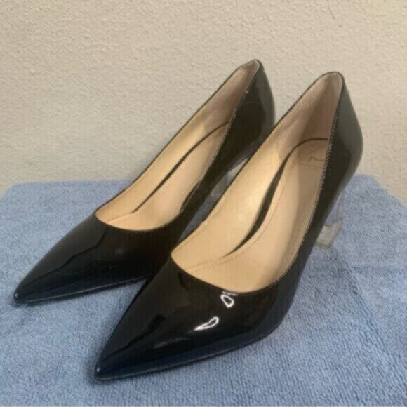 Marc Fisher Ltd Black Patent Leather Pointed Toe Clear Block Heels - Picture 6 of 16